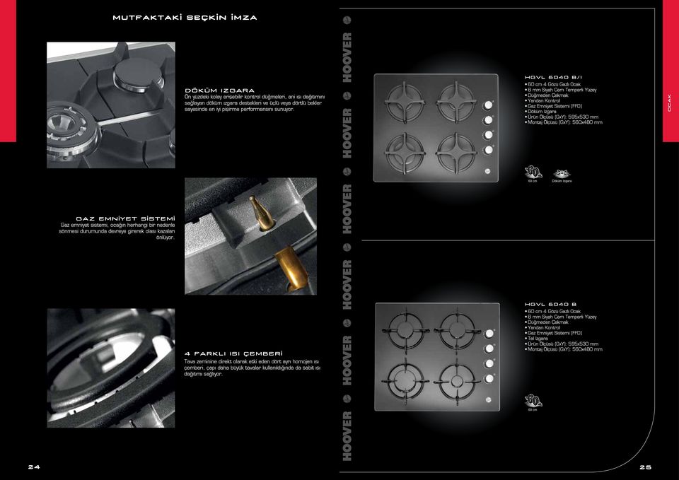 HGVL 6040 B/1 60 cm 4 Gözü Gazlı Ocak 8 mm Siyah Cam Temperli Yüzey Düğmeden Çakmak Yandan Kontrol Gaz Emniyet Sistemi (FFD) Döküm Izgara Ürün Ölçüsü (GxY): x530 mm Montaj Ölçüsü (GxY): x480 mm OCAK