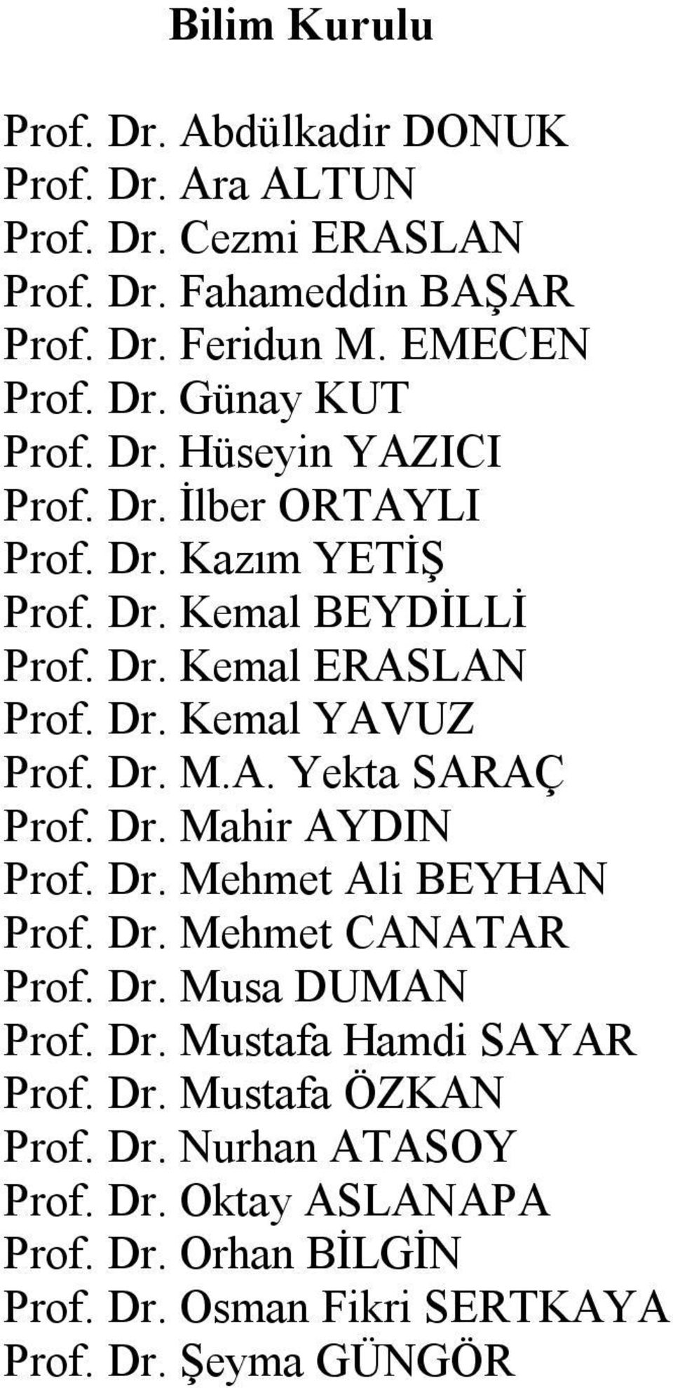 Dr. Mahir AYDIN Prof. Dr. Mehmet Ali BEYHAN Prof. Dr. Mehmet CANATAR Prof. Dr. Musa DUMAN Prof. Dr. Mustafa Hamdi SAYAR Prof. Dr. Mustafa ÖZKAN Prof.