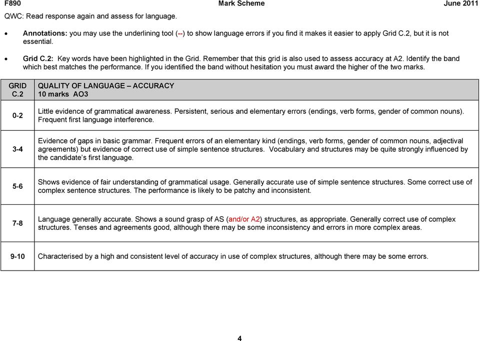 If you identified the band without hesitation you must award the higher of the two marks. GRID C.2 0-2 QUALITY OF LANGUAGE ACCURACY 10 marks AO3 Little evidence of grammatical awareness.