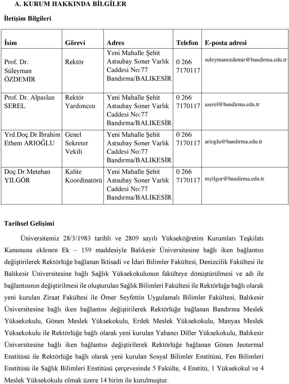 Dr.Metehan YILGÖR Rektör Yardımcısı Genel Sekreter Vekili Kalite Koordinatörü Yeni Mahalle Şehit Astsubay Soner Varlık Caddesi No:77 Bandırma/BALIKESİR Yeni Mahalle Şehit Astsubay Soner Varlık