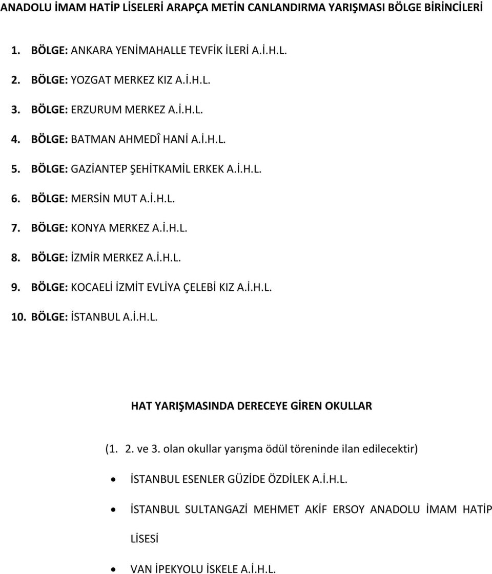 BÖLGE: İZMİR MERKEZ A.İ.H.L. 9. BÖLGE: KOCAELİ İZMİT EVLİYA ÇELEBİ KIZ A.İ.H.L. 10. BÖLGE: İSTANBUL A.İ.H.L. HAT YARIŞMASINDA DERECEYE GİREN OKULLAR (1. 2. ve 3.