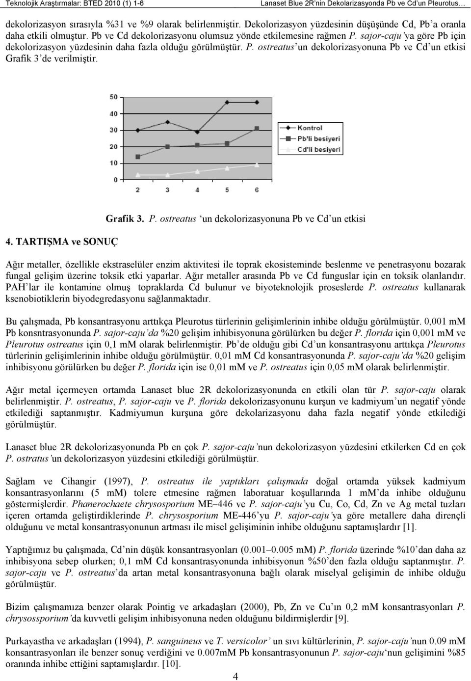 sajor-caju ya göre Pb için dekolorizasyon yüzdesinin daha fazla olduğu görülmüştür. P. ostreatus un dekolorizasyonuna Pb ve Cd un etkisi Grafik 3 de verilmiştir. % Dekolorizasyon 4.