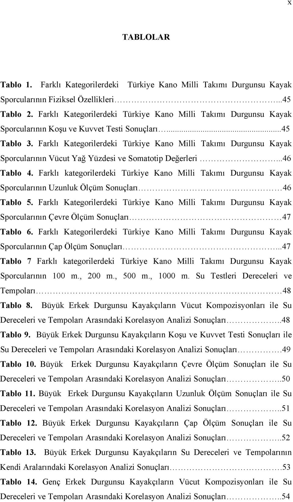 Farklı Kategorilerdeki Türkiye Kano Milli Takımı Durgunsu Kayak Sporcularının Vücut Yağ Yüzdesi ve Somatotip Değerleri...46 Tablo 4.