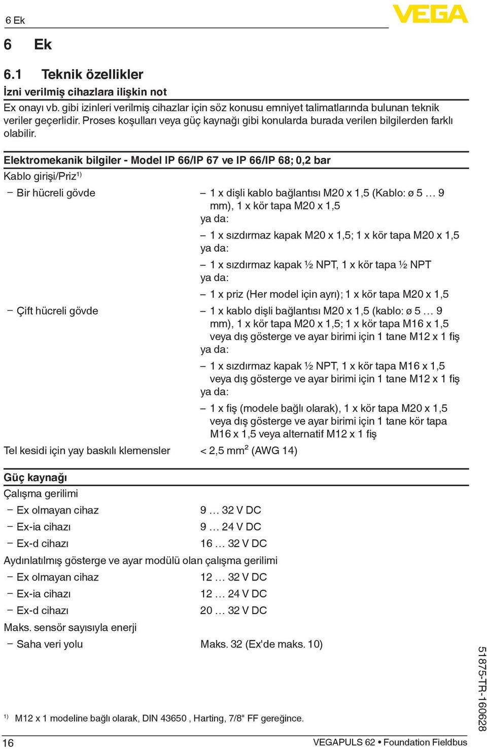 Elektromekanik bilgiler - Model IP 66/IP 67 ve IP 66/IP 68; 0,2 bar Kablo girişi/priz 1) ƲƲ Bir hücreli gövde 1 x dişli kablo bağlantısı M20 x 1,5 (Kablo: ø 5 9 mm), 1 x kör tapa M20 x 1,5 ya da: 1 x