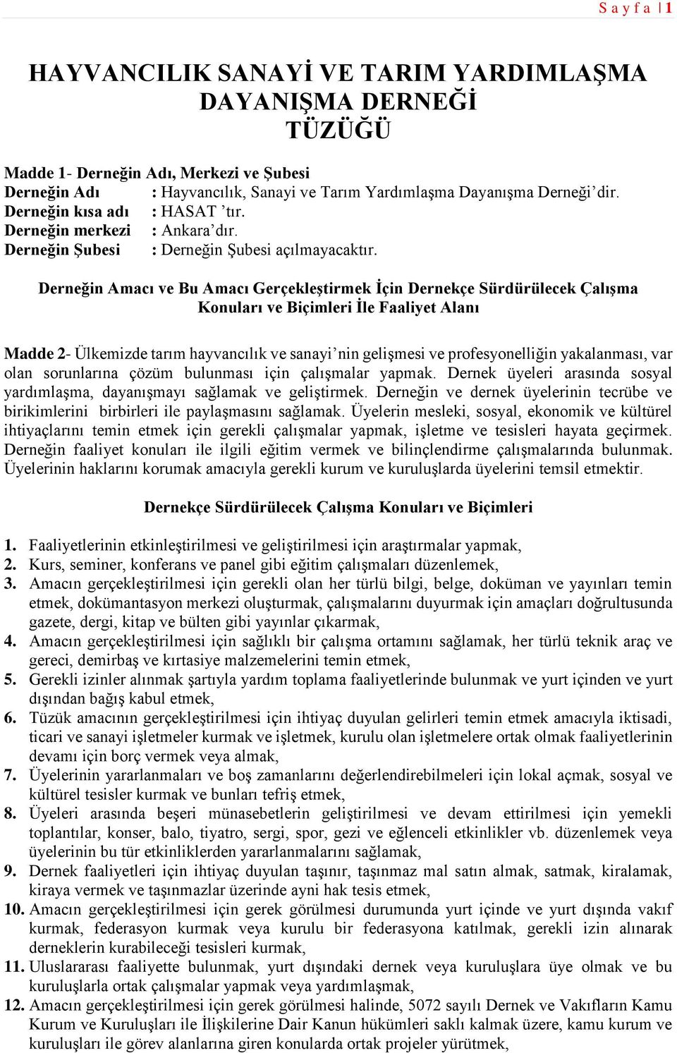 Derneğin Amacı ve Bu Amacı Gerçekleştirmek İçin Dernekçe Sürdürülecek Çalışma Konuları ve Biçimleri İle Faaliyet Alanı Madde 2- Ülkemizde tarım hayvancılık ve sanayi nin gelişmesi ve profesyonelliğin