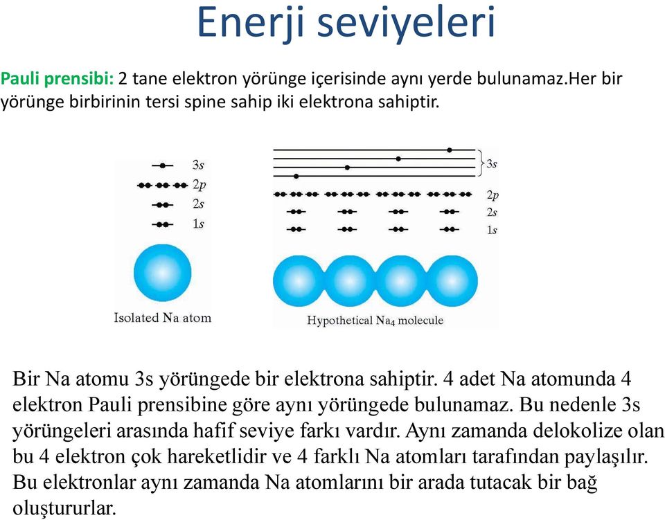 4 adet Na atomunda 4 elektron Pauli prensibine göre aynı yörüngede bulunamaz.