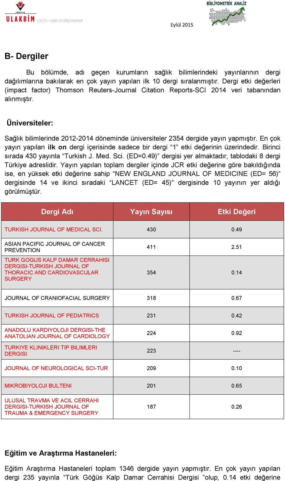 Üniversiteler: Sağlık bilimlerinde 2012-2014 döneminde üniversiteler 2354 dergide yayın yapmıştır. En çok yayın yapılan ilk on dergi içerisinde sadece bir dergi 1 etki değerinin üzerindedir.