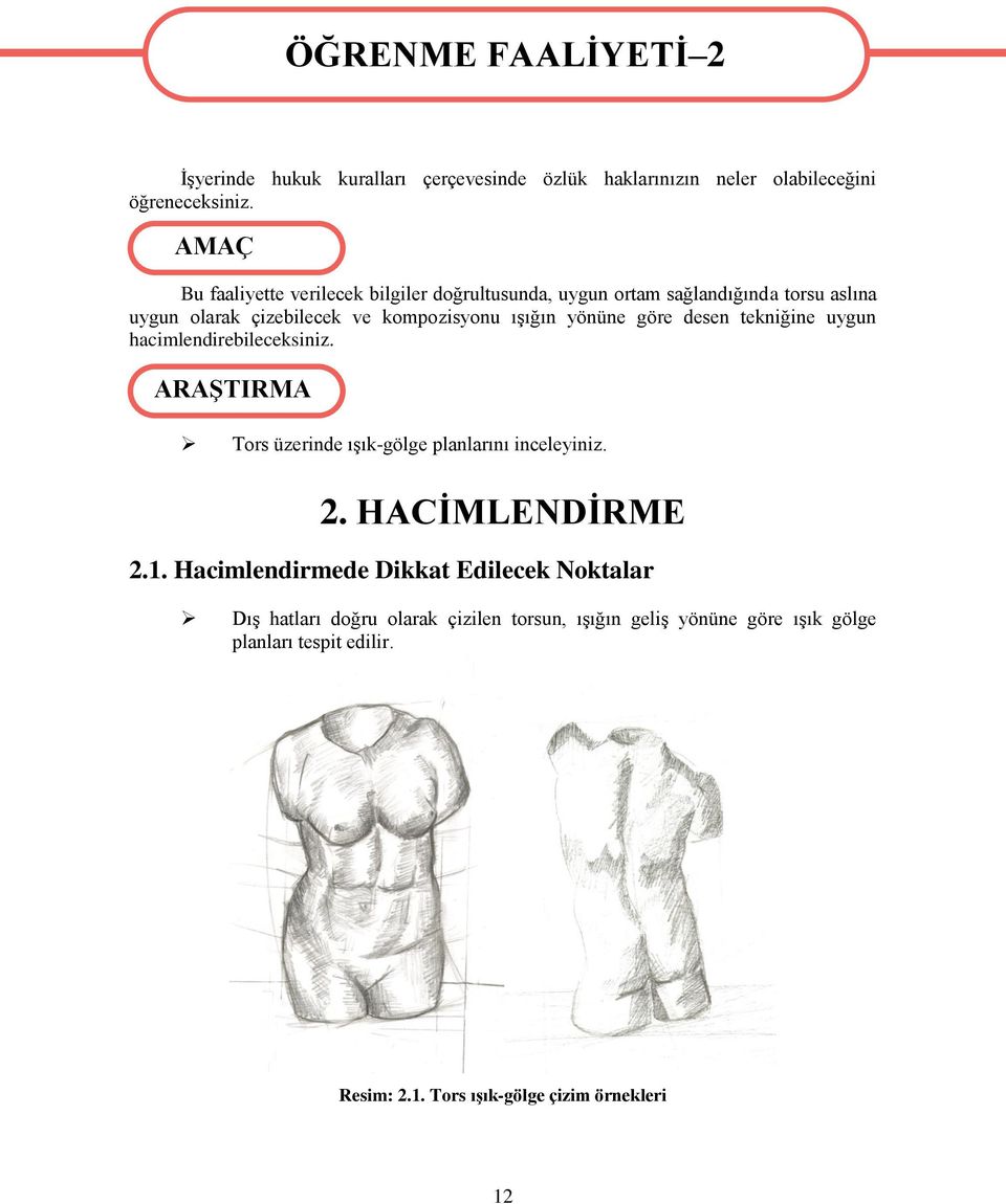 göre desen tekniğine uygun hacimlendirebileceksiniz. ARAŞTIRMA ÖĞRENME FAALİYETİ 2 Tors üzerinde ışık-gölge planlarını inceleyiniz. 2. HACİMLENDİRME 2.