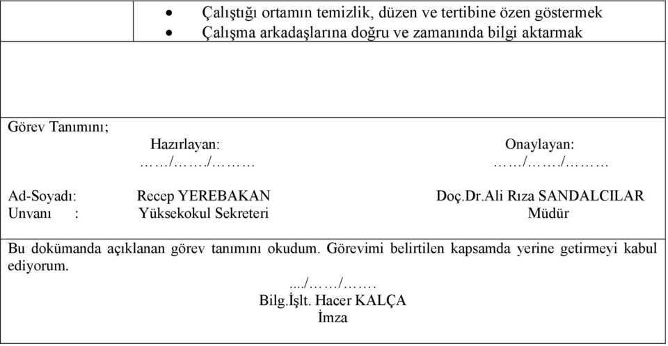 Dr.Ali Rıza SANDALCILAR Unvanı : Yüksekokul Sekreteri Müdür Bu dokümanda açıklanan görev tanımını