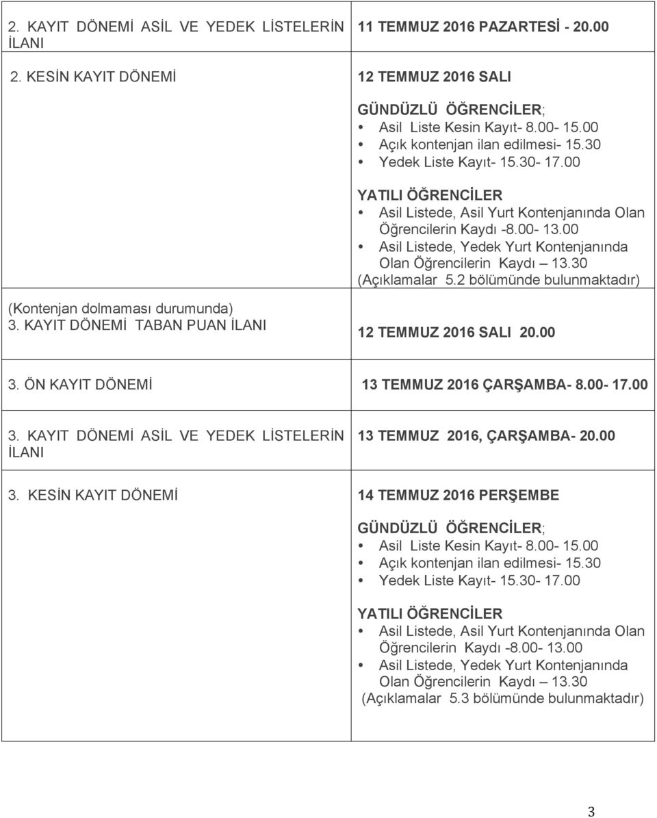 00 Asil Listede, Yedek Yurt Kontenjanında Olan Öğrencilerin Kaydı 13.30 (Açıklamalar 5.2 bölümünde bulunmaktadır) (Kontenjan dolmaması durumunda) 3.