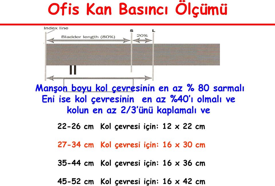22-26 cm Kol çevresi için: 12 x 22 cm 27-34 cm Kol çevresi için: 16 x 30