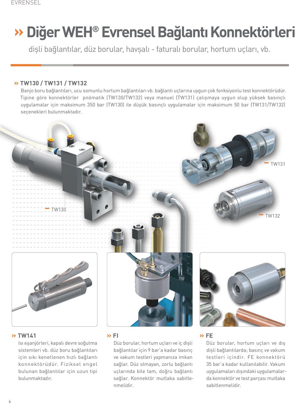 Tipine göre konnektörler pnömatik (TW130/TW132) veya manuel (TW131) çalışmaya uygun olup yüksek basınçlı uygulamalar için maksimum 350 bar (TW130) ile düşük basınçlı uygulamalar için maksimum 50 bar