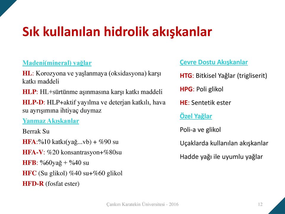 ..vb) + %90 su HFA-V: %20 konsantrasyon+%80su HFB: %60yağ + %40 su HFC (Su glikol) %40 su+%60 glikol HFD-R (fosfat ester) Çevre Dostu Akışkanlar HTG: Bitkisel