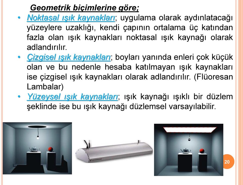 Çizgisel ışık kaynakları; boyları yanında enleri çok küçük olan ve bu nedenle hesaba katılmayan ışık kaynakları ise çizgisel