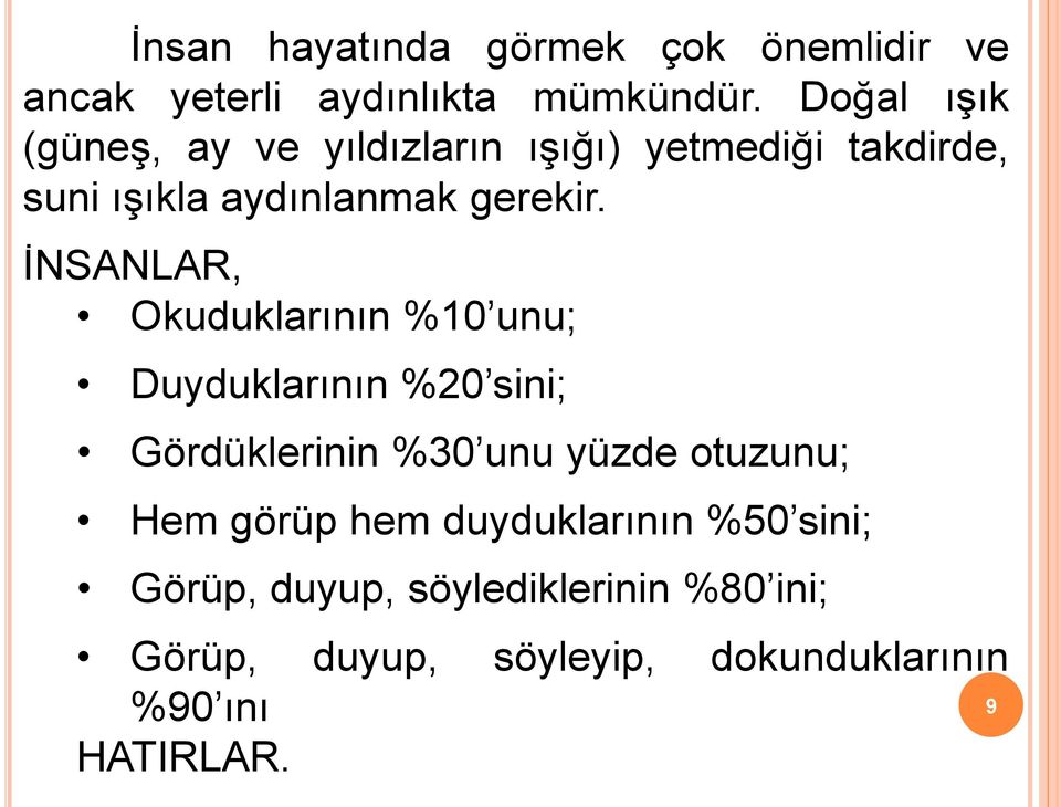 İNSANLAR, Okuduklarının %10 unu; Duyduklarının %20 sini; Gördüklerinin %30 unu yüzde otuzunu; Hem