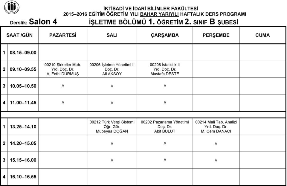 Fethi DURMUŞ 00206 İşletme Yönetimi II Ali AKSOY 00208 İstatistik II Mustafa DESTE 3 10.05 10.