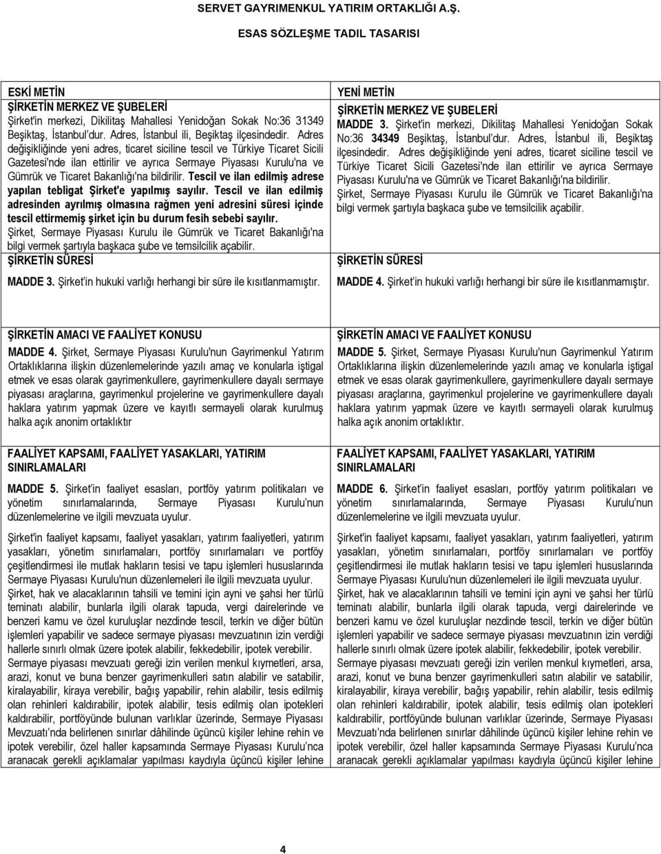 Adres değişikliğinde yeni adres, ticaret siciline tescil ve Türkiye Ticaret Sicili Gazetesi'nde ilan ettirilir ve ayrıca Sermaye Piyasası Kurulu'na ve Gümrük ve Ticaret Bakanlığı'na bildirilir.