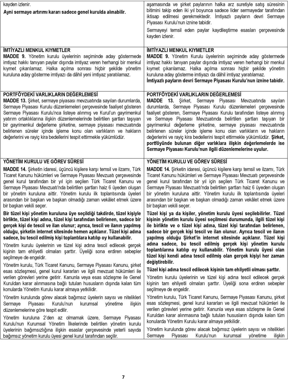 Halka açılma sonrası hiçbir şekilde yönetim kuruluna aday gösterme imtiyazı da dâhil yeni imtiyaz yaratılamaz. PORTFÖYDEKİ VARLIKLARIN DEĞERLEMESİ MADDE 13.