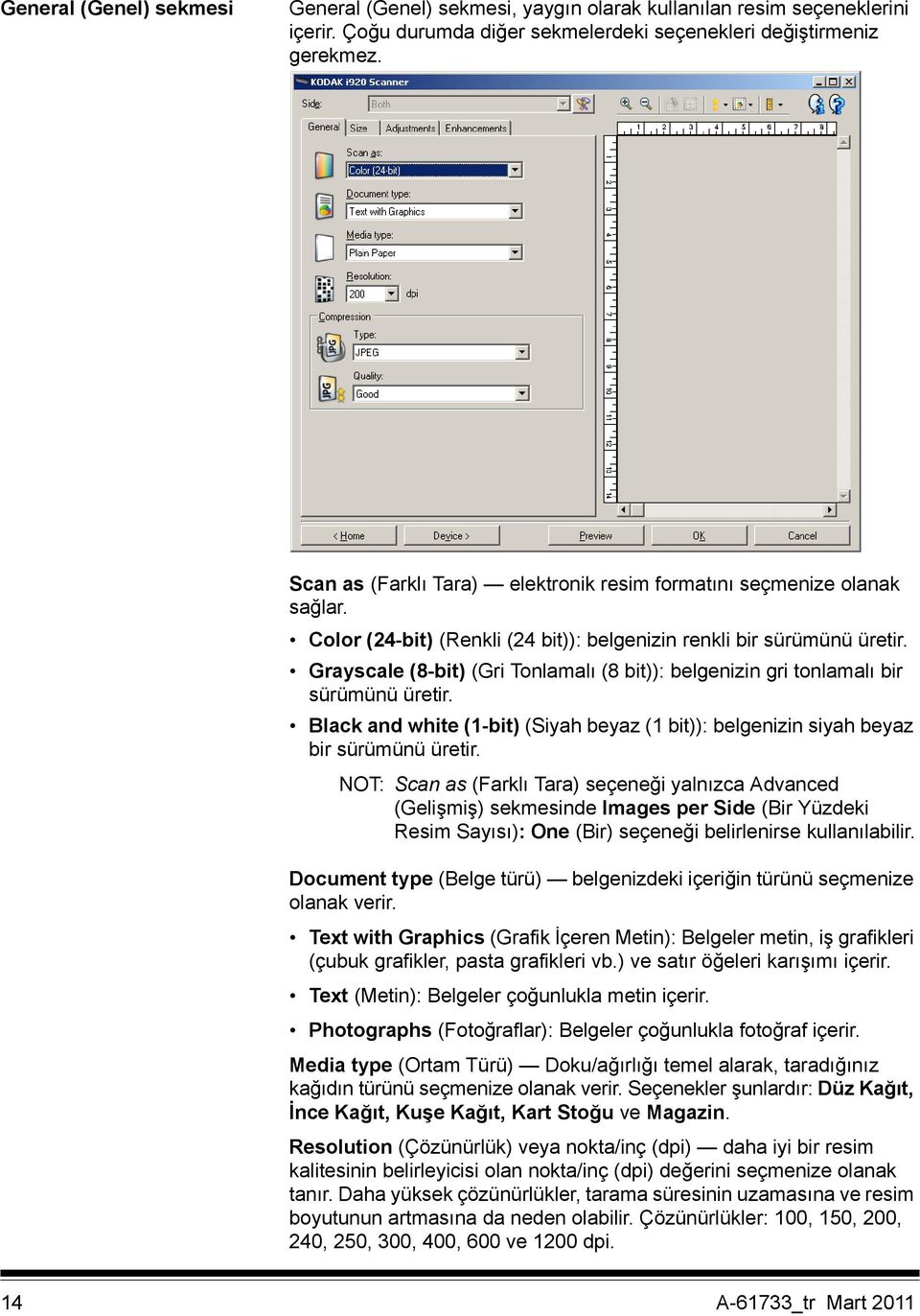Grayscale (8-bit) (Gri Tonlamalı (8 bit)): belgenizin gri tonlamalı bir sürümünü üretir. Black and white (1-bit) (Siyah beyaz (1 bit)): belgenizin siyah beyaz bir sürümünü üretir.