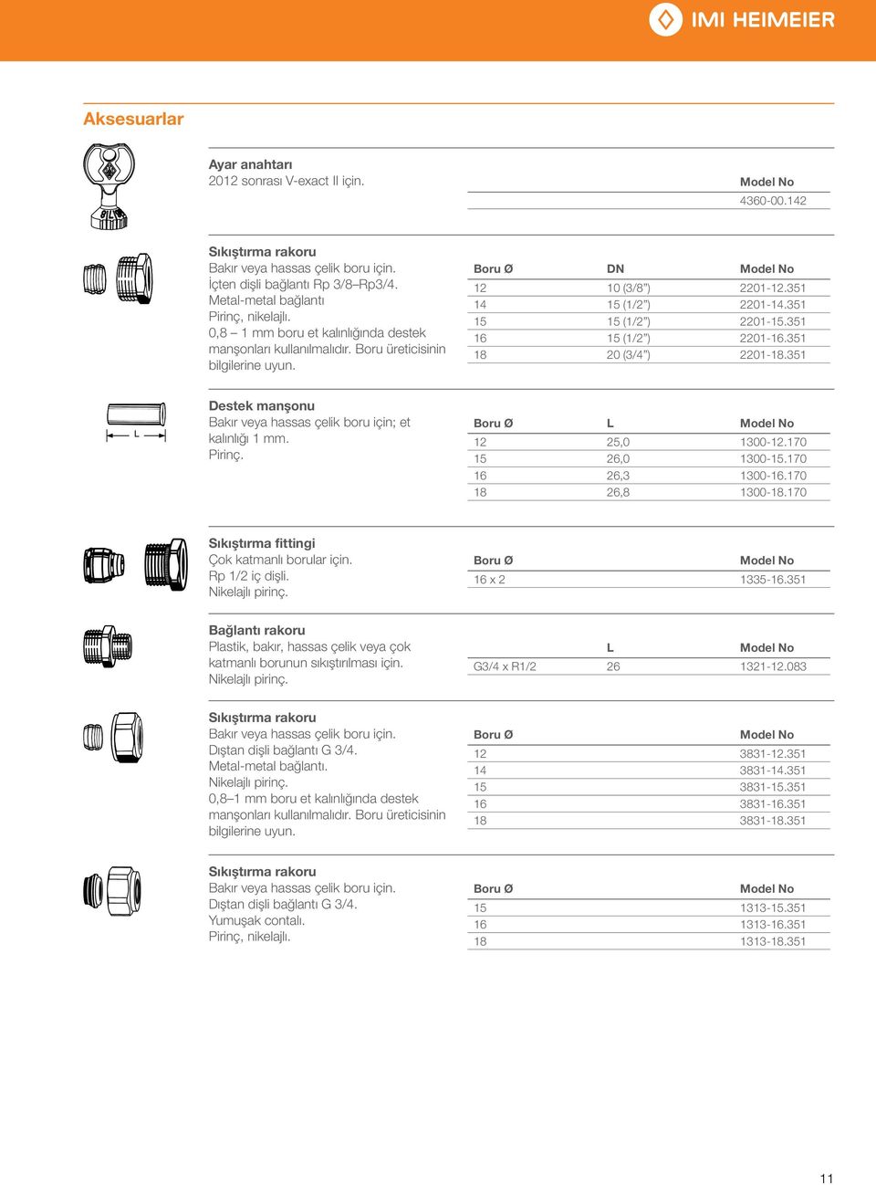 1 1 1 (1/2 ) 2201-1.1 16 1 (1/2 ) 2201-16.1 18 20 (/4 ) 2201-18.1 estek manşonu Bakır veya hassas çelik boru için; et kalınlığı 1 mm. Pirinç. Boru Ø L Model No 12 2,0-12.170 1 26,0-1.170 16 26, -16.