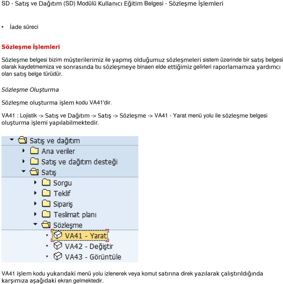 Sözleşme Oluşturma Sözleşme oluşturma işlem kodu VA41'dir.