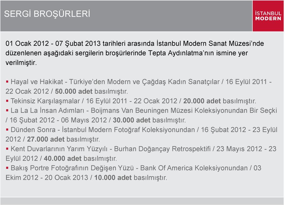 Tekinsiz KarĢılaĢmalar / 16 Eylül 2011-22 Ocak 2012 / 20.000 adet basılmıģtır. La La La Ġnsan Adımları - Boijmans Van Beuningen Müzesi Koleksiyonundan Bir Seçki / 16 ġubat 2012-06 Mayıs 2012 / 30.