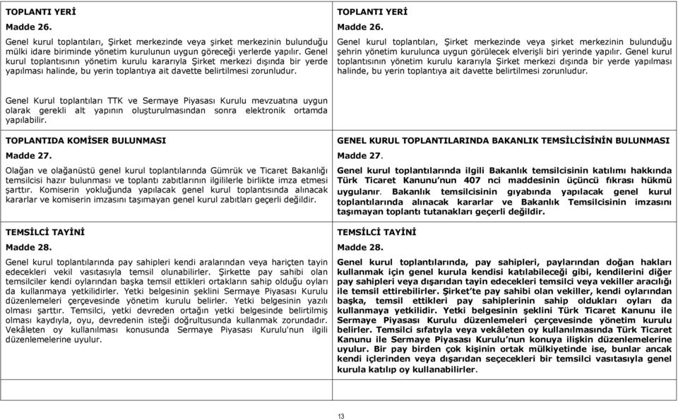 Genel kurul toplantıları, Şirket merkezinde veya şirket merkezinin bulunduğu şehrin yönetim kurulunca uygun görülecek elverişli biri yerinde yapılır.