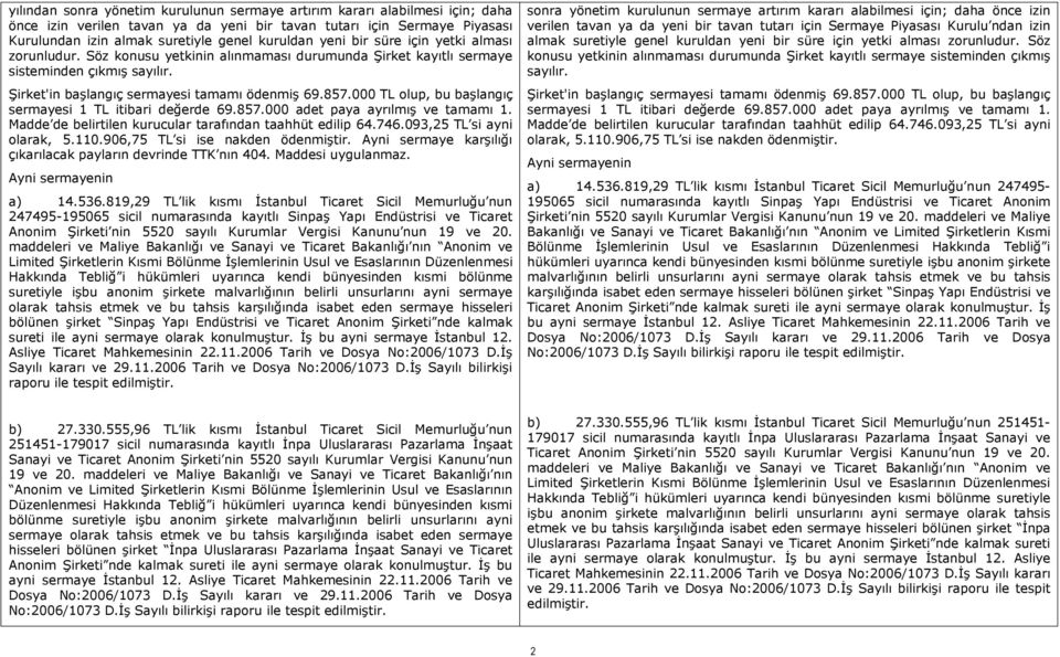 000 TL olup, bu başlangıç sermayesi 1 TL itibari değerde 69.857.000 adet paya ayrılmış ve tamamı 1. Madde de belirtilen kurucular tarafından taahhüt edilip 64.746.093,25 TL si ayni olarak, 5.110.