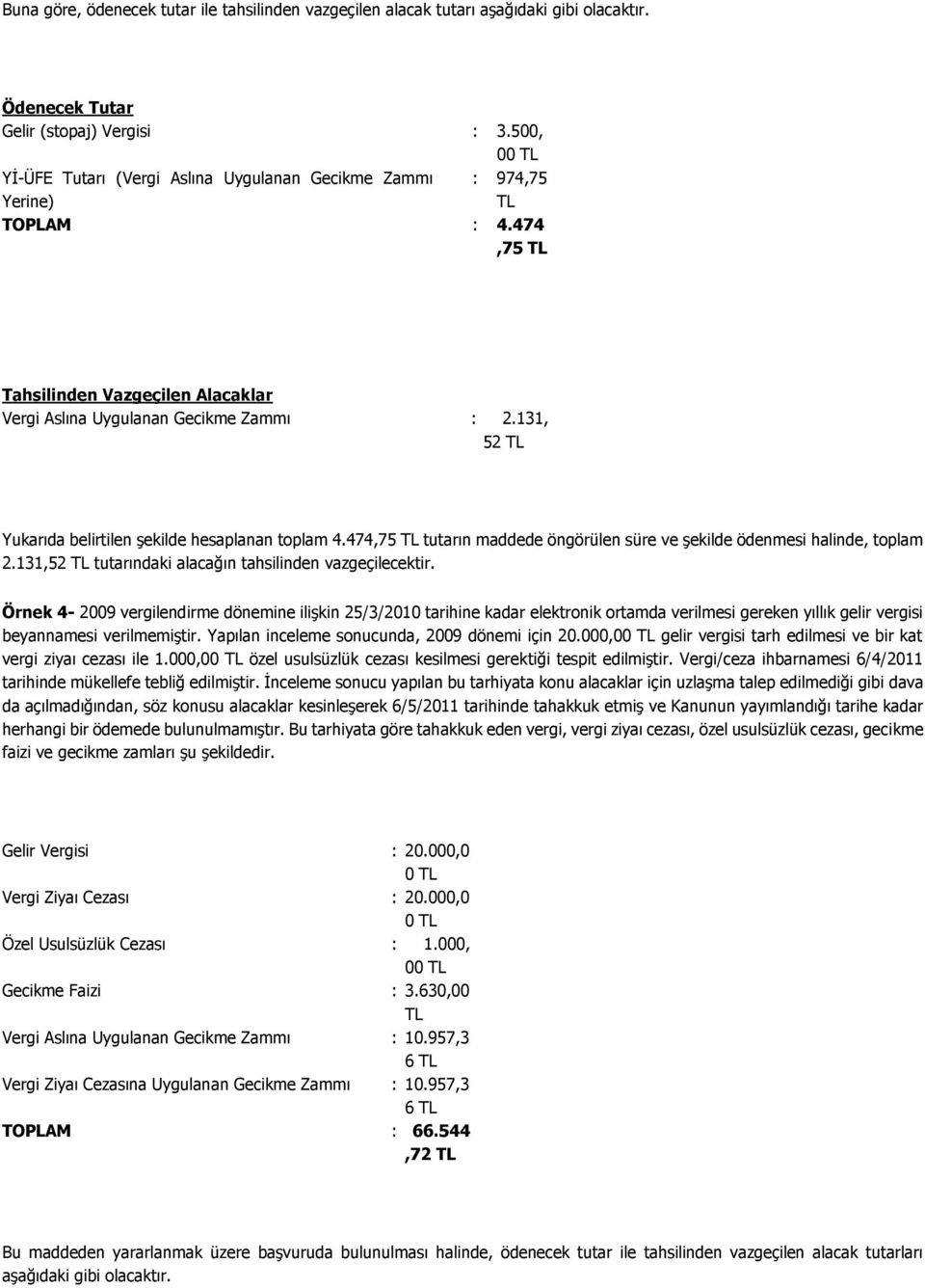 131, 52 Yukarıda belirtilen şekilde hesaplanan toplam 4.474,75 tutarın maddede öngörülen süre ve şekilde ödenmesi halinde, toplam 2.131,52 tutarındaki alacağın tahsilinden vazgeçilecektir.