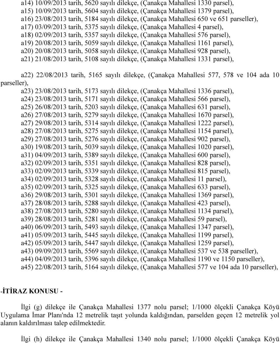 20/08/2013 tarih, 5059 sayılı dilekçe, (Çanakça Mahallesi 1161 parsel), a20) 20/08/2013 tarih, 5058 sayılı dilekçe, (Çanakça Mahallesi 928 parsel), a21) 21/08/2013 tarih, 5108 sayılı dilekçe,