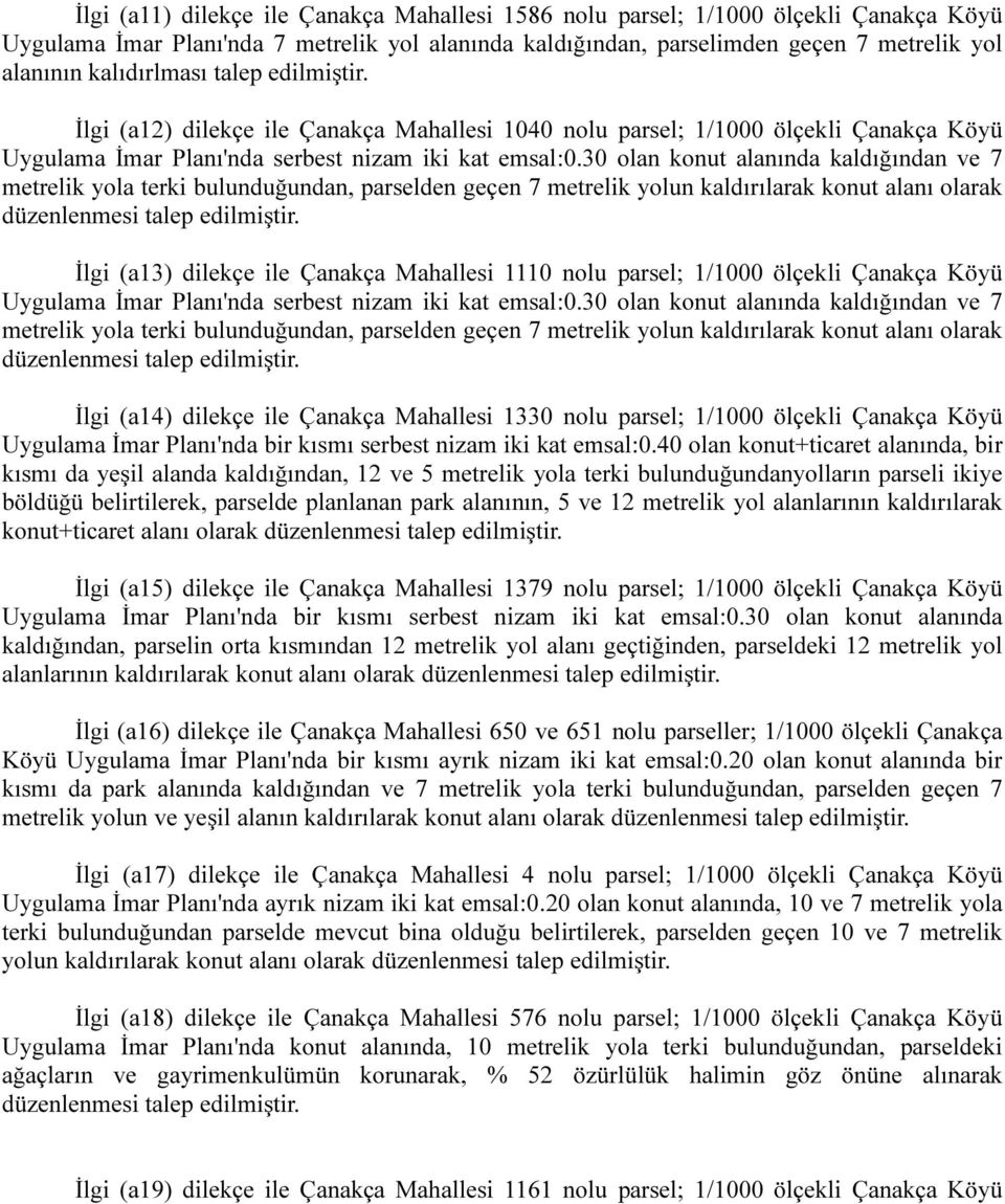 30 olan konut alanında kaldığından ve 7 metrelik yola terki bulunduğundan, parselden geçen 7 metrelik yolun kaldırılarak konut alanı olarak İlgi (a13) dilekçe ile Çanakça Mahallesi 1110 nolu parsel;