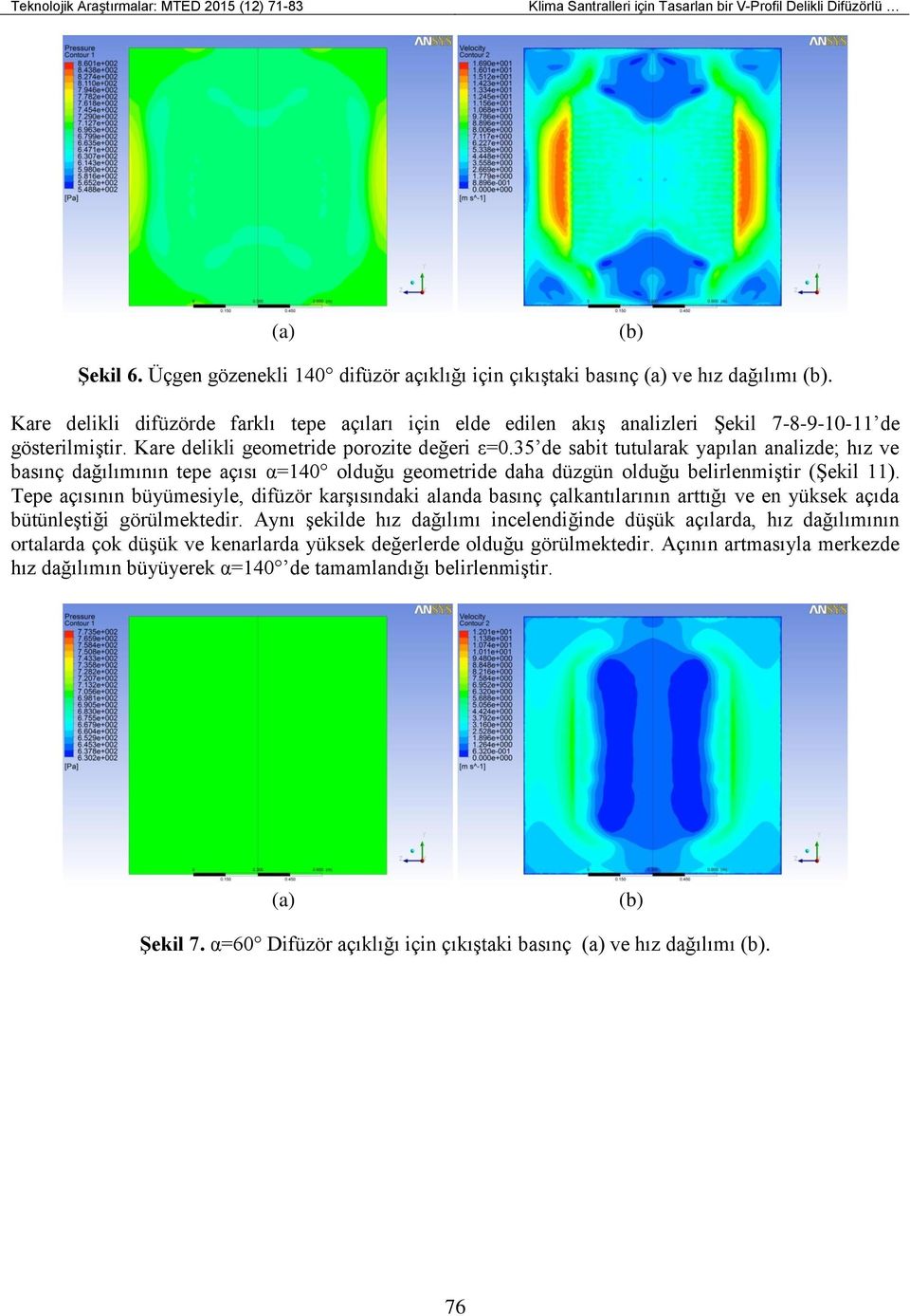 35 de sabit tutularak yapılan analizde; hız ve basınç dağılımının tepe açısı α=140 olduğu geometride daha düzgün olduğu belirlenmiştir (Şekil 11).