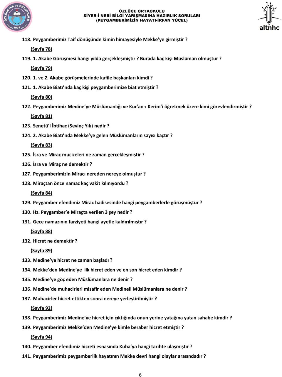 Peygamberimiz Medine ye Müslümanlığı ve Kur an-ı Kerim i öğretmek üzere kimi görevlendirmiştir? (Sayfa 81) 123. Senetü l İbtihac (Sevinç Yılı) nedir? 124. 2.