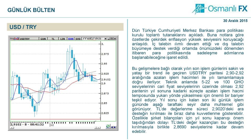 Bu gelişmelere bağlı olarak yılın son işlem günlerini sakin ve yatay bir trend ile geçiren USDTRY paritesi 2,90-2,92 aralığında azalan işlem hacimleri ile yılı tamamlamaya doğru ilerliyor.