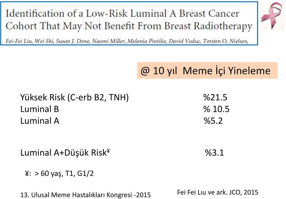 2 Luminal A+Düşük Risk %3.1 : > 60 yaş, T1, G1/2 13.