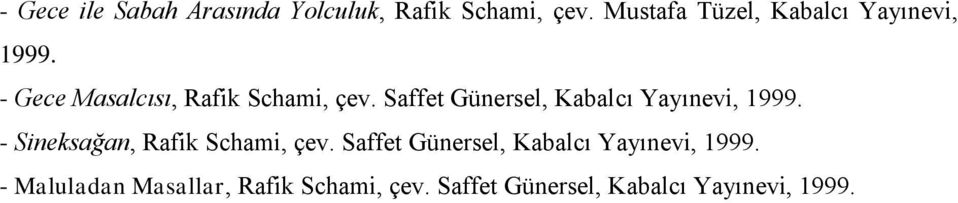 Saffet Günersel, Kabalcı Yayınevi, 1999. - Sineksağan, Rafik Schami, çev.