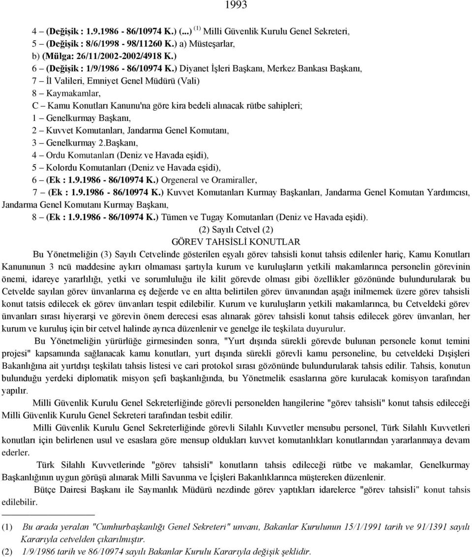 ) Diyanet İşleri Başkanı, Merkez Bankası Başkanı, 7 İl Valileri, Emniyet Genel Müdürü (Vali) 8 Kaymakamlar, C Kamu Konutları Kanunu'na göre kira bedeli alınacak rütbe sahipleri; 1 Genelkurmay