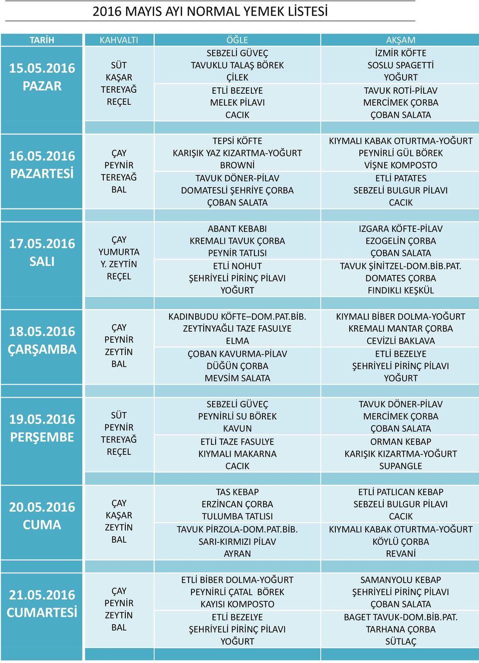 05.2016 Lİ SU BÖREK KIYMALI MAKARNA KARIŞIK KIZARTMA- SUPANGLE 20.05.2016 ERZİNCAN ÇORBA TAVUK PİRZOLA-DOM.PAT.BİB.