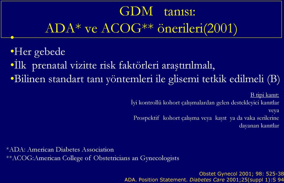 Prospektif kohort çalışma veya kayıt ya da vaka serilerine dayanan kanıtlar *ADA: American Diabetes Association **ACOG:American