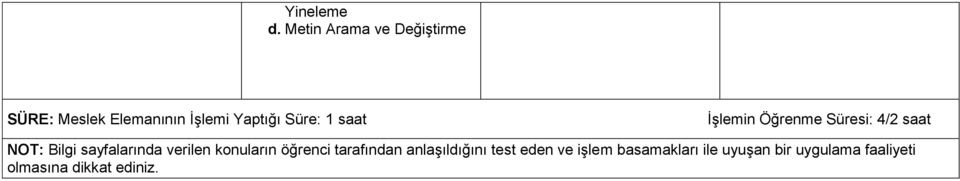 1 saat İşlemin Öğrenme Süresi: 4/2 saat NOT: Bilgi sayfalarında verilen