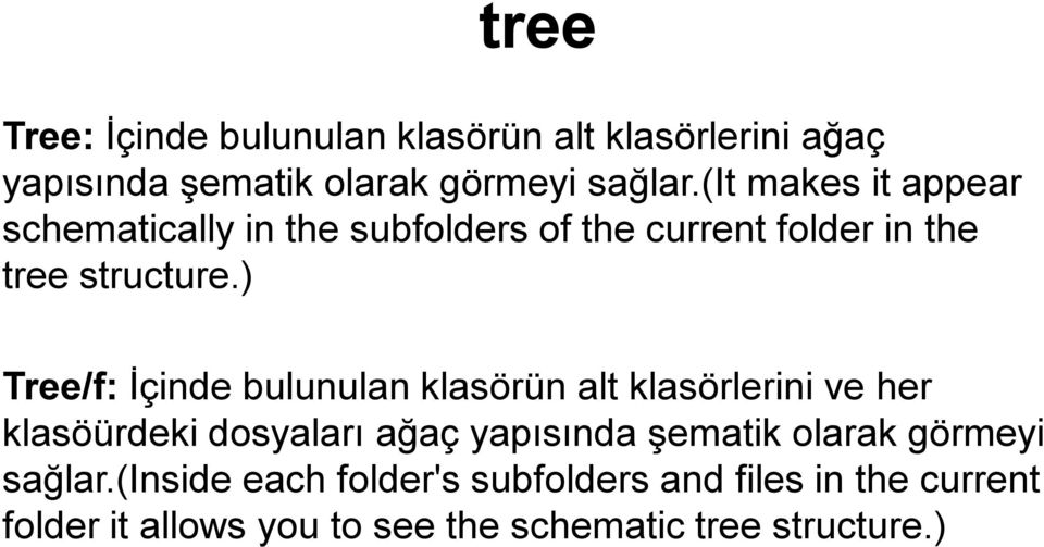 ) Tree/f: İçinde bulunulan klasörün alt klasörlerini ve her klasöürdeki dosyaları ağaç yapısında şematik