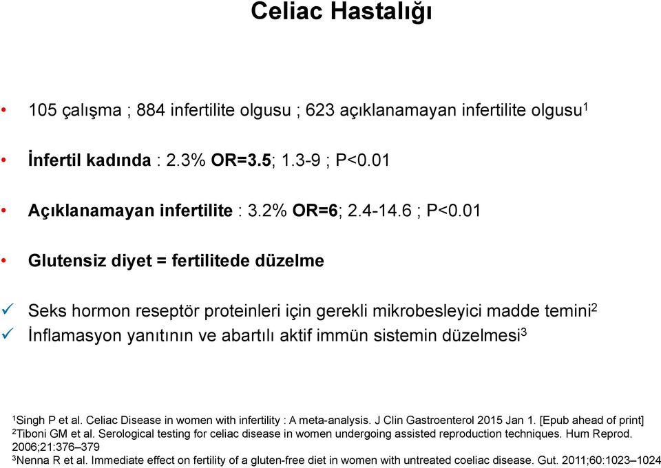 et al. Celiac Disease in women with infertility : A meta-analysis. J Clin Gastroenterol 2015 Jan 1. [Epub ahead of print] 2 Tiboni GM et al.