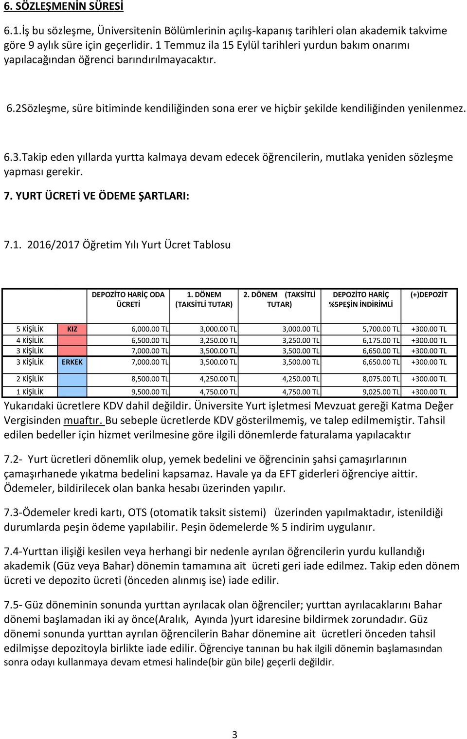 Takip eden yıllarda yurtta kalmaya devam edecek öğrencilerin, mutlaka yeniden sözleşme yapması gerekir. 7. YURT ÜCRETİ VE ÖDEME ŞARTLARI: 7.1.