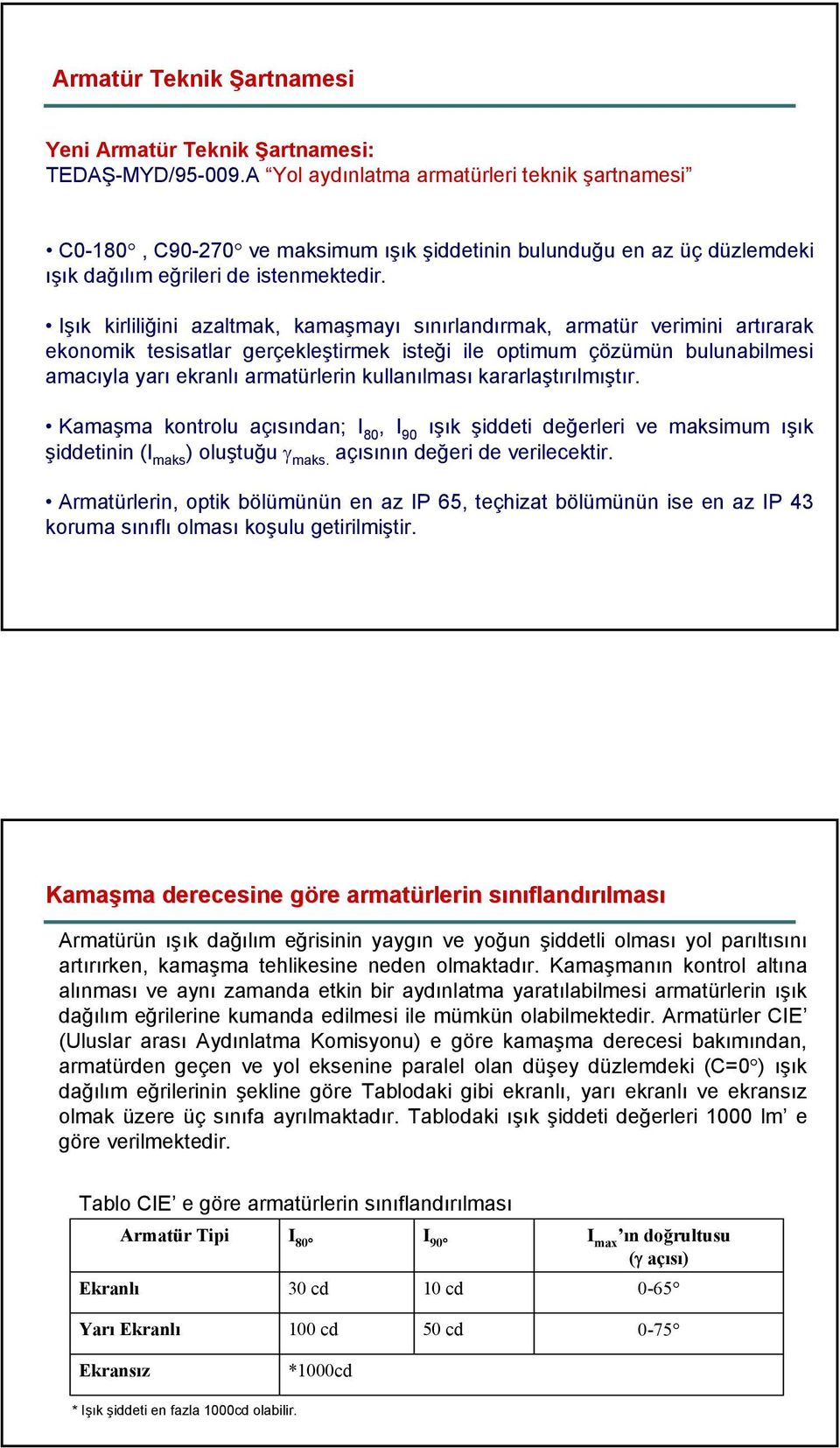 Işık kirliliğini azaltmak, kamaşmayı sınırlandırmak, armatür verimini artırarak ekonomik tesisatlar gerçekleştirmek isteği ile optimum çözümün bulunabilmesi amacıyla yarı ekranlı armatürlerin