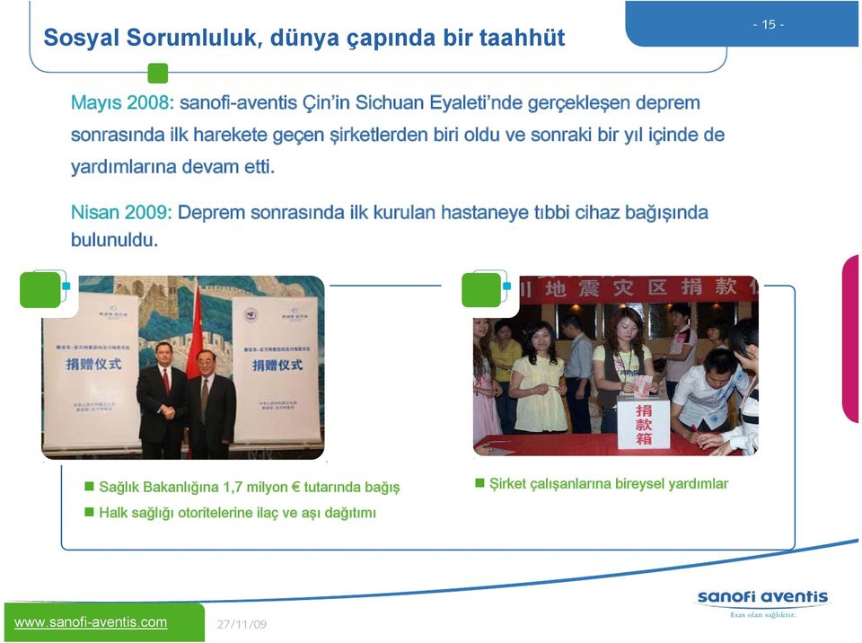 de yardımlarına devam etti. Nisan 2009: Deprem sonrasında ilk kurulan hastaneye tıbbi cihaz bağışında bulunuldu.