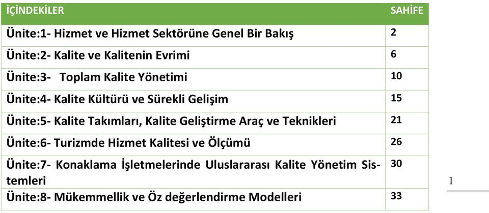 Kalite Geliştirme Araç ve Teknikleri 21 Ünite:6- Turizmde Hizmet Kalitesi ve Ölçümü 26 Ünite:7- Konaklama