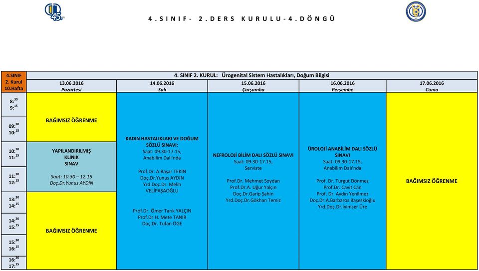 Dr. Tufan ÖGE NEFROLOJİ BİLİM DALI SÖZLÜ SINAVI Saat: 09.30-17.15, Serviste Prof.Dr. Mehmet Soydan Prof.Dr.A. Uğur Yalçın Doç.Dr.Garip Şahin Yrd.Doç.Dr.Gökhan Temiz ÜROLOJİ ANABİLİM DALI SÖZLÜ SINAVI Saat: 09.