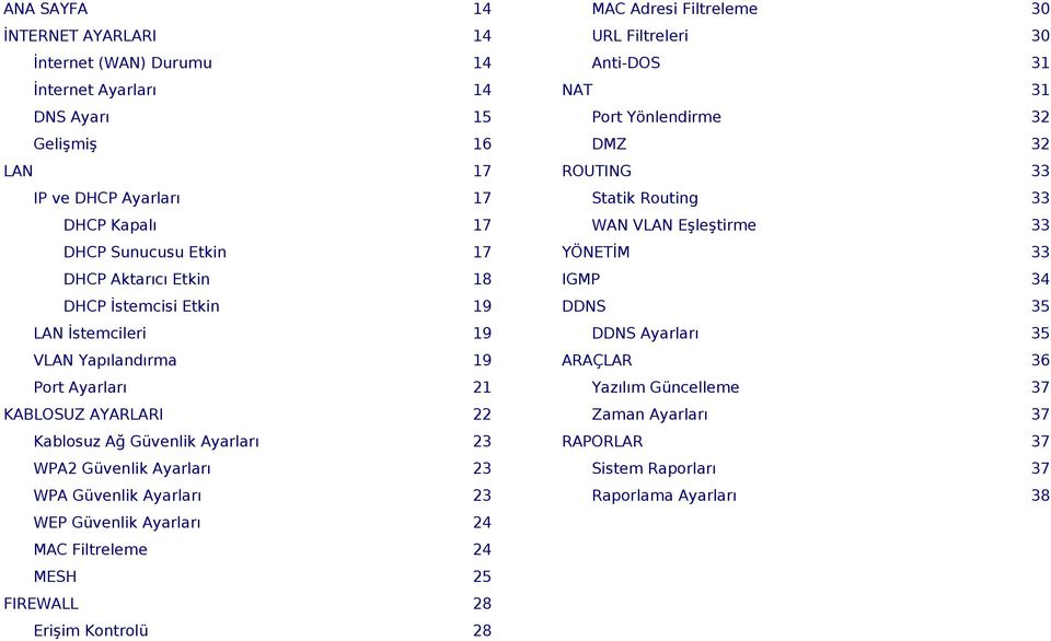 Ayarları 23 WEP Güvenlik Ayarları 24 MAC Filtreleme 24 MESH 25 FIREWALL 28 Erişim Kontrolü 28 MAC Adresi Filtreleme 30 URL Filtreleri 30 Anti-DOS 31 NAT 31 Port Yönlendirme 32 DMZ 32