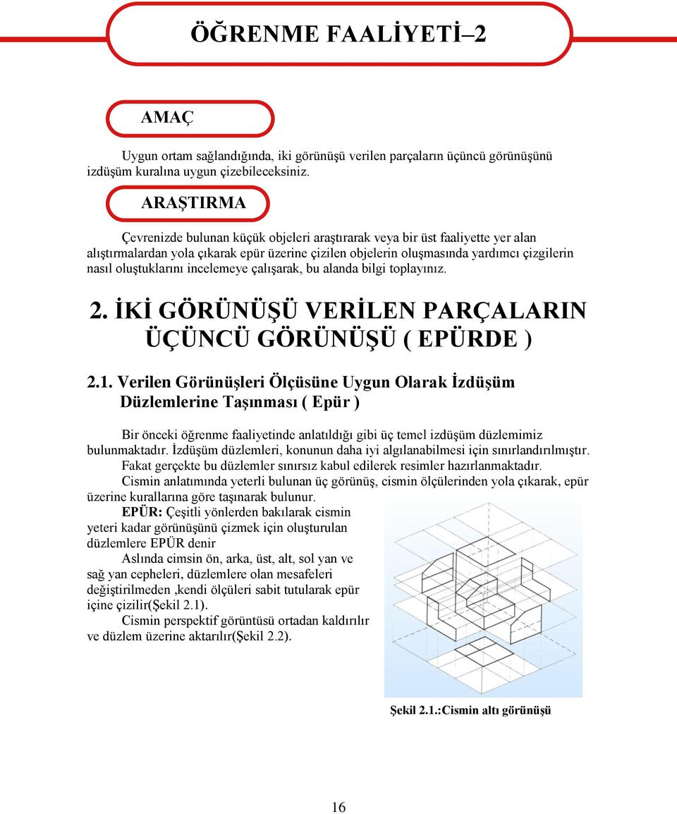 oluştuklarını incelemeye çalışarak, bu alanda bilgi toplayınız. 2. İKİ GÖRÜNÜŞÜ VERİLEN PARÇALARIN ÜÇÜNCÜ GÖRÜNÜŞÜ ( EPÜRDE ) 2.1.