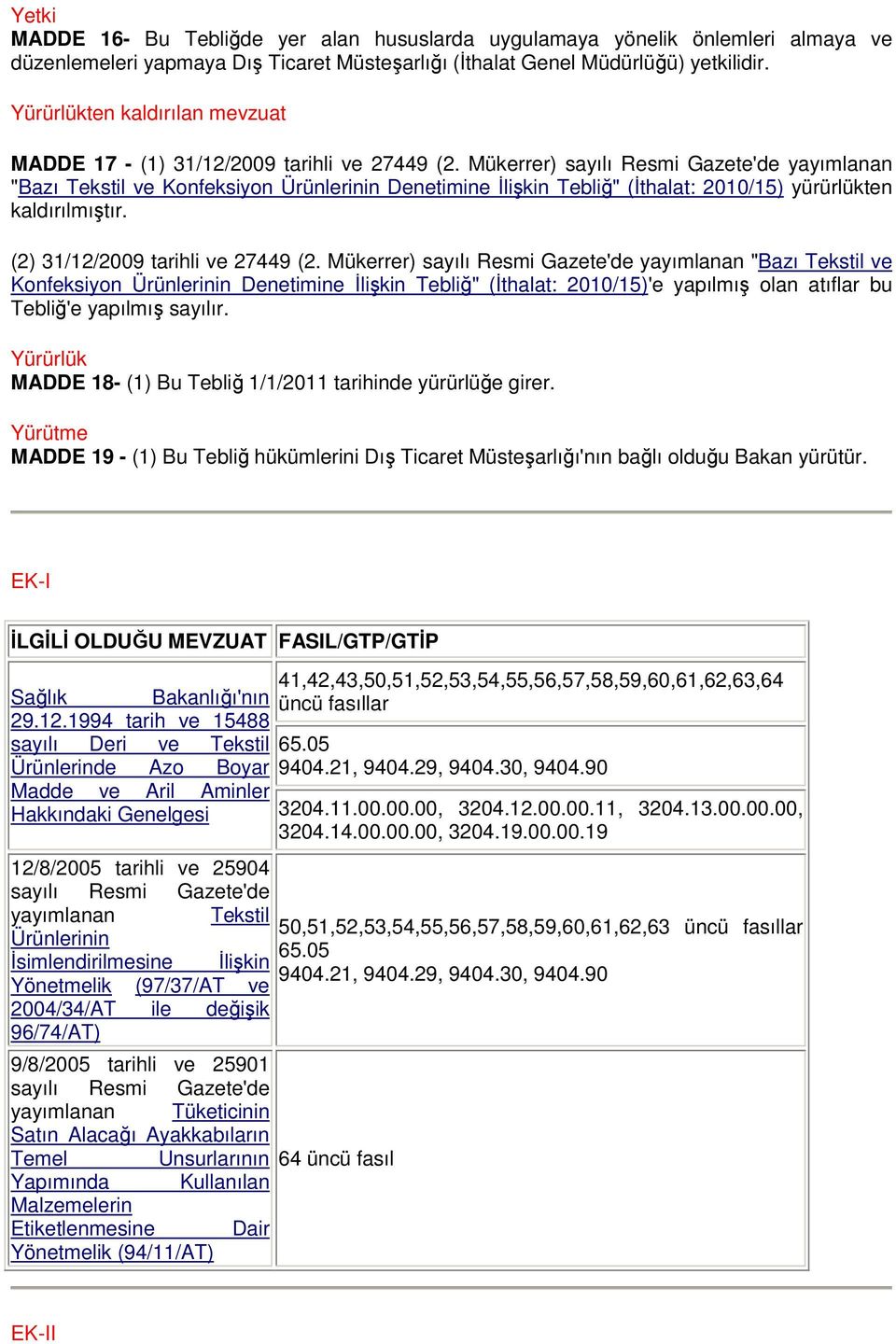 Mükerrer) sayılı Resmi Gazete'de yayımlanan "Bazı Tekstil ve Konfeksiyon Ürünlerinin Denetimine Đlişkin Tebliğ" (Đthalat: 2010/15) yürürlükten kaldırılmıştır. (2) 31/12/2009 tarihli ve 27449 (2.